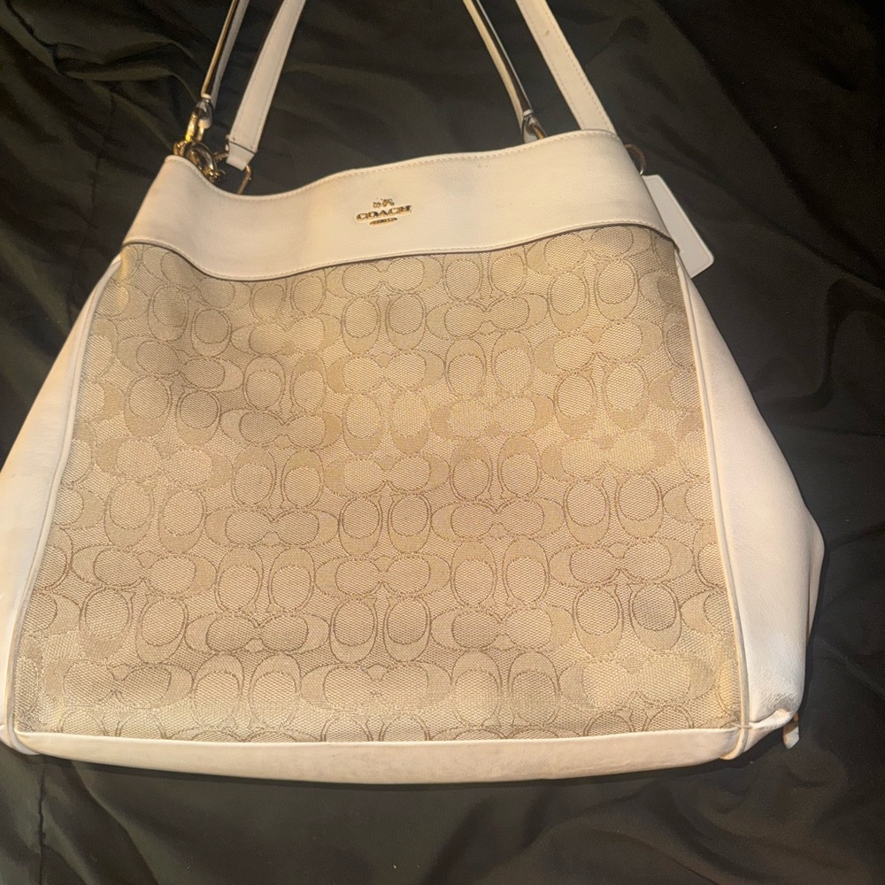 Coach Cream and White Signature Shoulder Bag